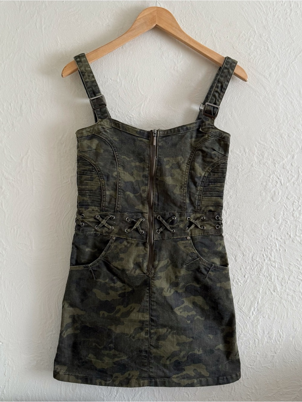 Y2K Camo Print Denim Mini Dress with Lace-Up Waist Size S